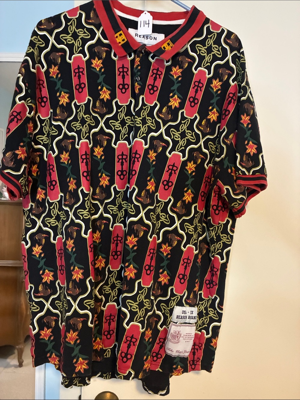 Reason Black Polo with Red and Yellow Geometric Floral Print XXXL